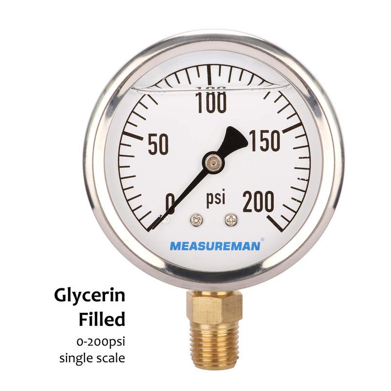 MEASUREMAN مقياس ضغط سباكة مملوء بالجليسرين من ميزورمان، حجم القرص 2-1/2 بوصة، نطاق 0-200 رطل لكل بوصة مربعة، غلاف من الفولاذ المقاوم للصدأ، تركيب سفلي 1/4 إنش إن بي تي - Image 3