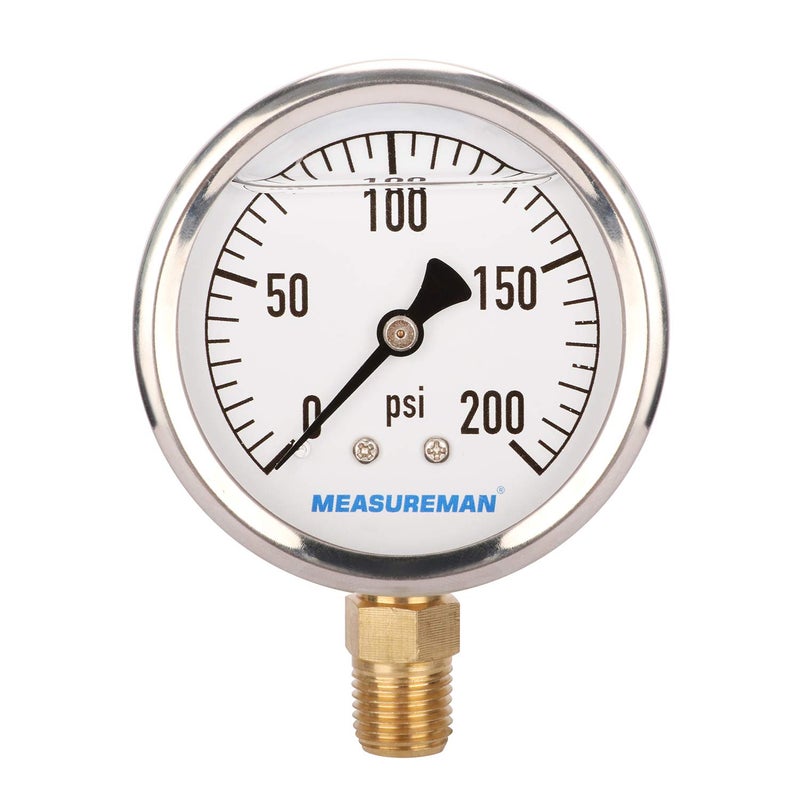 MEASUREMAN مقياس ضغط سباكة مملوء بالجليسرين من ميزورمان، حجم القرص 2-1/2 بوصة، نطاق 0-200 رطل لكل بوصة مربعة، غلاف من الفولاذ المقاوم للصدأ، تركيب سفلي 1/4 إنش إن بي تي - Image 1