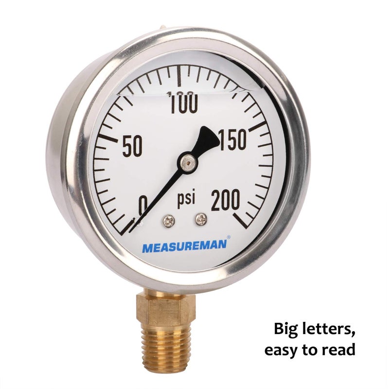 MEASUREMAN مقياس ضغط سباكة مملوء بالجليسرين من ميزورمان، حجم القرص 2-1/2 بوصة، نطاق 0-200 رطل لكل بوصة مربعة، غلاف من الفولاذ المقاوم للصدأ، تركيب سفلي 1/4 إنش إن بي تي - Image 2