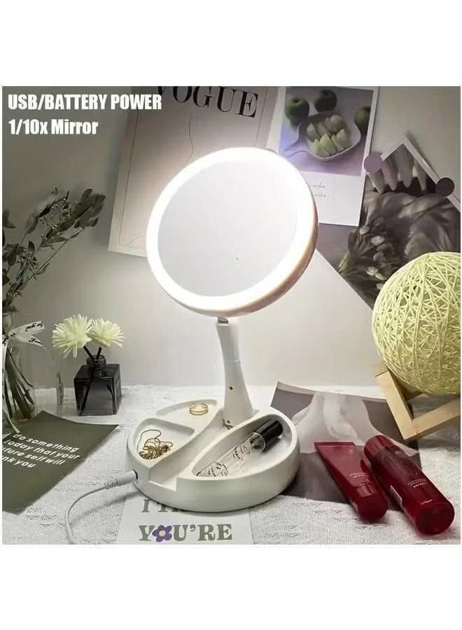 Arabest 10X Magnifying LED Makeup Mirror With Light, Simple Foldable Stand With Storage Function Lighted Vanity Makeup Double Sided Mirror For Household, Beauty Gift For Women  - Image 1