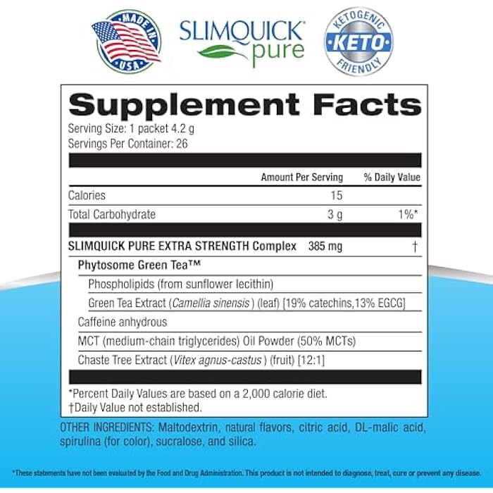 SlimQuick Pure 3X Extra Strength Drink Mix Packets, Metabolism and Weight Management for Women, Helps in Fat Breakdown, with Green Tea, Caffeine, Chaste Tree, Rhodiola - Blue Raspberry 26 Count - Image 5