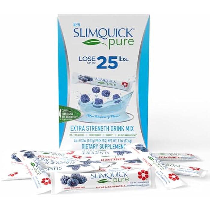 SlimQuick Pure 3X Extra Strength Drink Mix Packets, Metabolism and Weight Management for Women, Helps in Fat Breakdown, with Green Tea, Caffeine, Chaste Tree, Rhodiola - Blue Raspberry 26 Count - Image 1