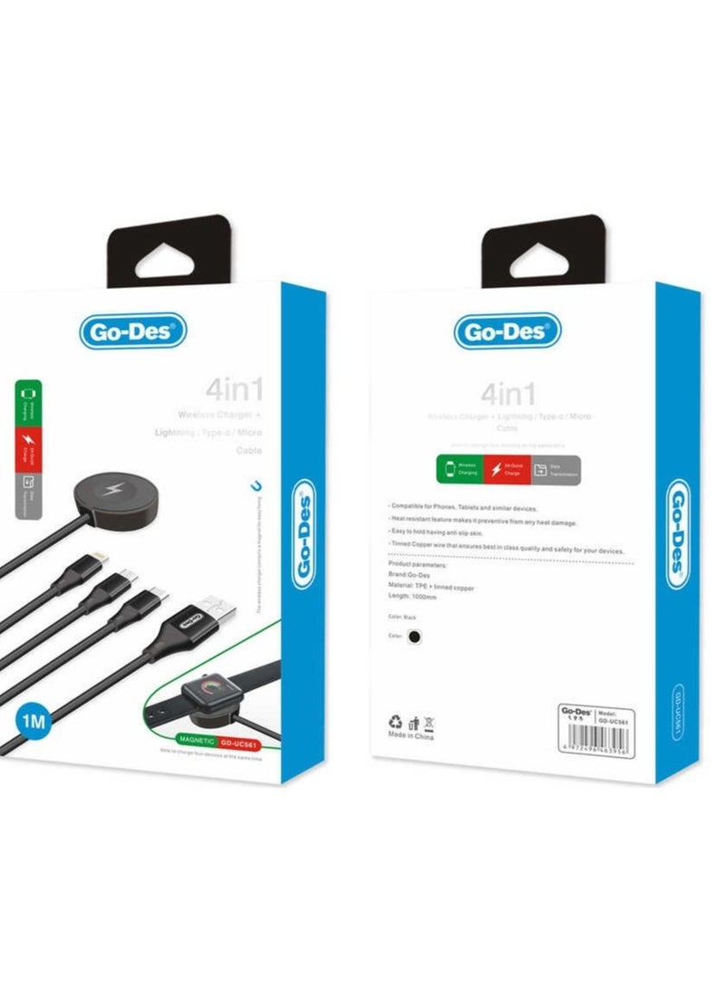 Go-Des GD-UC561 4-in-1 Wireless Smartwatch Charger and Multi USB Fast Charging Cable Multipurpose - Image 2