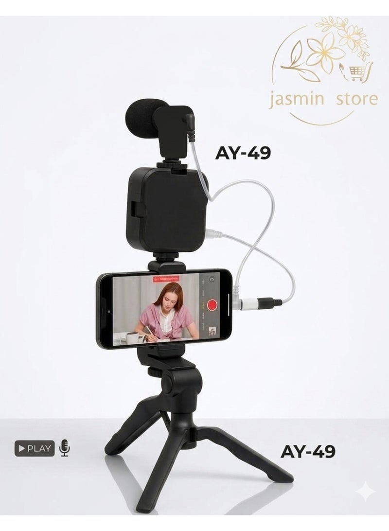 مجموعة صانع الفيديو AY-49 مع حامل ثلاثي القوائم وميكروفون - عدة تصوير وتصوير احترافي للهاتف والكاميرا 5 في 1 - Image 1
