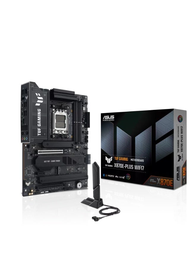 TUF GAMING X870E-PLUS WIFI7 ATX AM5 Motherboard, AMD X870E Chipset, 4x DDR5 Slots up to 256GB (OC 8000+ MT/s), PCIe 5.0 x16 + PCIe 4.0 x16, 4x M.2 Slots + 4x SATA 6Gb/s, WiFi 7 & Bluetooth 5.4, USB4 40Gbps + USB 20Gbps Type-C, 2.5Gb LAN, Durable VRM & TUF Components, ATX Form Factor | 90MB1M70-M0EAY0 black