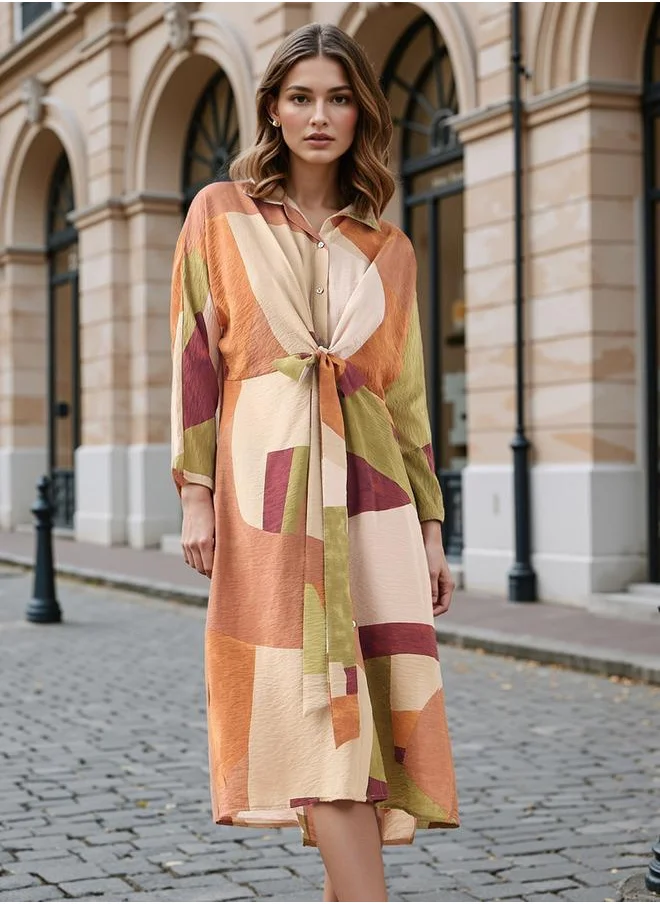 ايكونيك Iconic All-Over Print Shirt Dress with Knot Detail