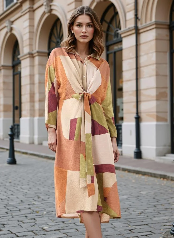 Iconic Iconic All-Over Print Shirt Dress with Knot Detail