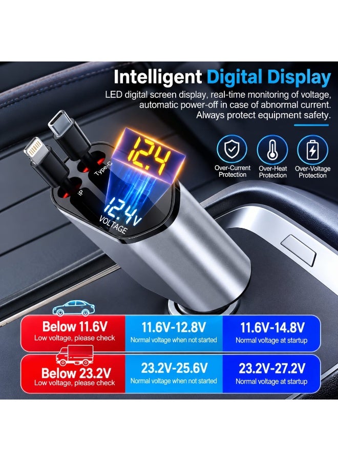Norelle 4-in-1 Fast Car Charger with Built-in Lightning & Type-C Cables, Digital LED Voltage Display, USB + Type-C Multi-Port Smart Car Charger, 180° Rotating Design - Image 3