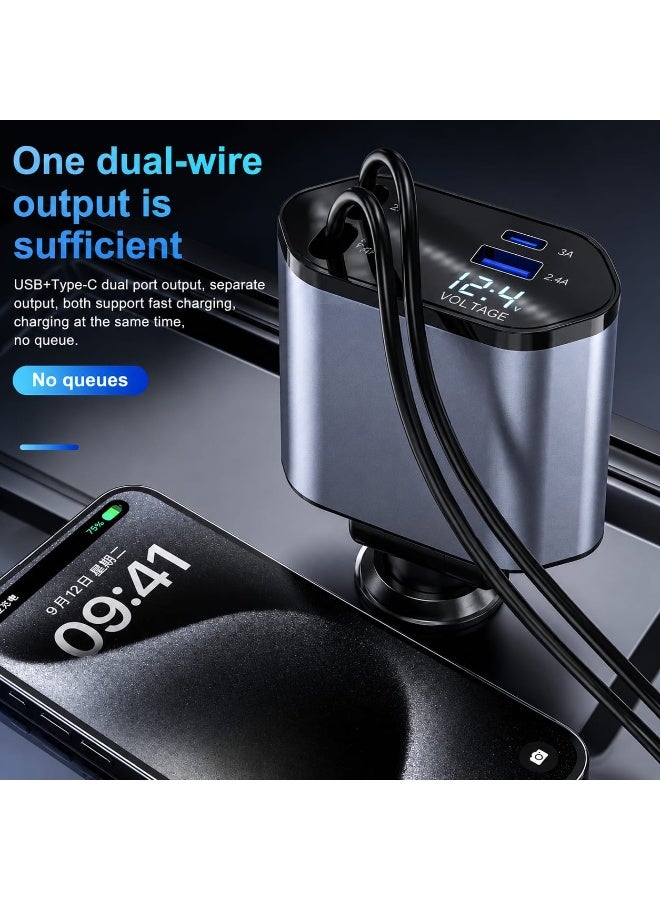 Norelle 4-in-1 Fast Car Charger with Built-in Lightning & Type-C Cables, Digital LED Voltage Display, USB + Type-C Multi-Port Smart Car Charger, 180° Rotating Design - Image 5