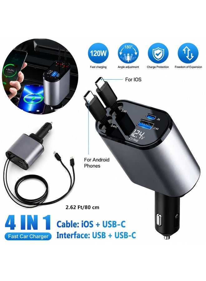 Norelle 4-in-1 Fast Car Charger with Built-in Lightning & Type-C Cables, Digital LED Voltage Display, USB + Type-C Multi-Port Smart Car Charger, 180° Rotating Design - Image 2