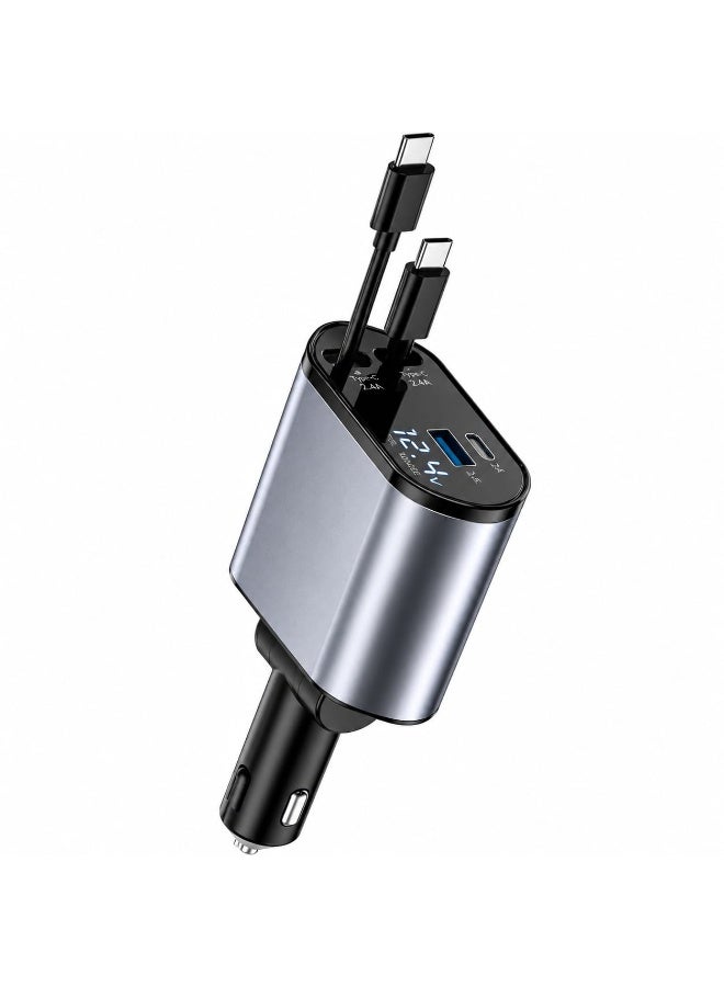 Norelle 4-in-1 Fast Car Charger with Built-in Lightning & Type-C Cables, Digital LED Voltage Display, USB + Type-C Multi-Port Smart Car Charger, 180° Rotating Design - Image 1