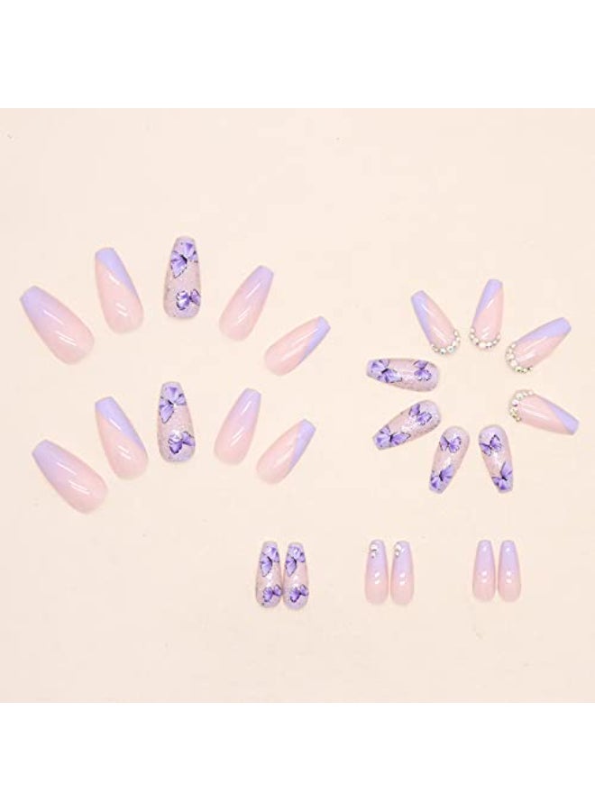 MERVF Press on Nails Long Coffin Fake Nails Purple French Tip Ballerina Acrylic Nail with Glitter Rhinestones Designs Butterfly Glue ons 24pcs Glossy - Image 3