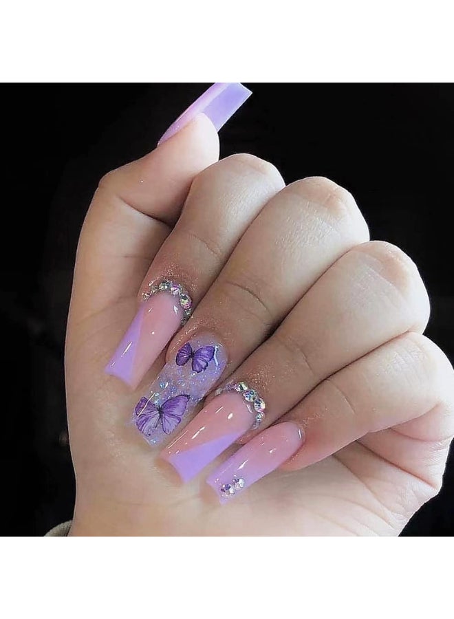 MERVF Press on Nails Long Coffin Fake Nails Purple French Tip Ballerina Acrylic Nail with Glitter Rhinestones Designs Butterfly Glue ons 24pcs Glossy - Image 2