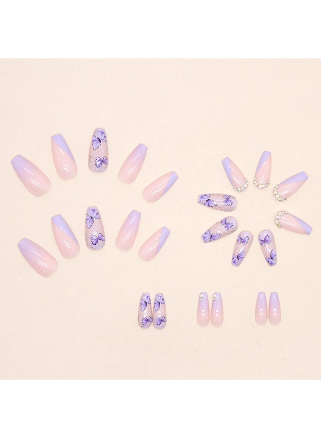 MERVF Press on Nails Long Coffin Fake Nails Purple French Tip Ballerina Acrylic Nail with Glitter Rhinestones Designs Butterfly Glue ons 24pcs Glossy - Image 4