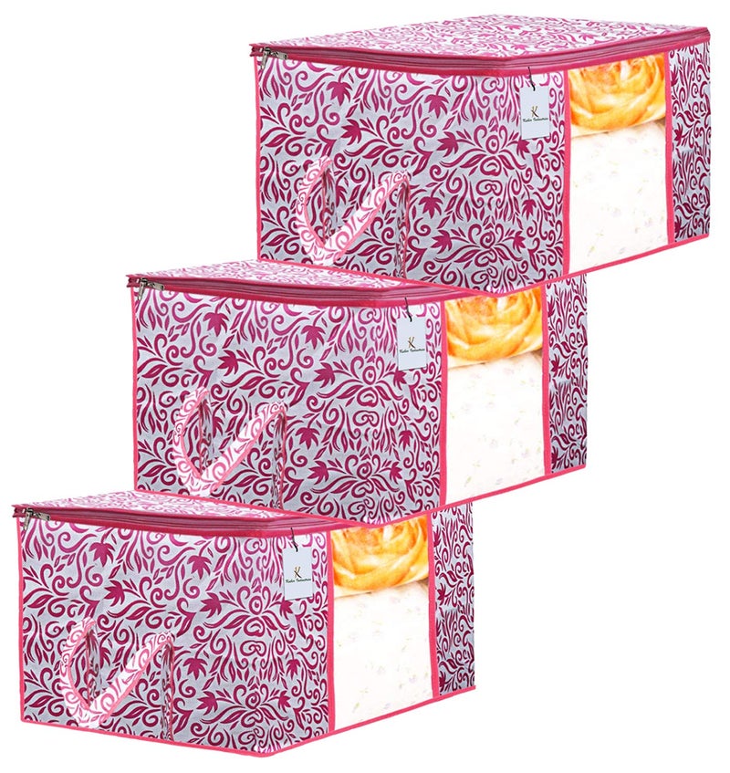 Kuber Industries Leaf Design 3 Piece Non Woven Underbed Storage Bag Storage Organiser Blanket Cover with Transparent Window Extra Large Pink CTKTC034488 - Image 1