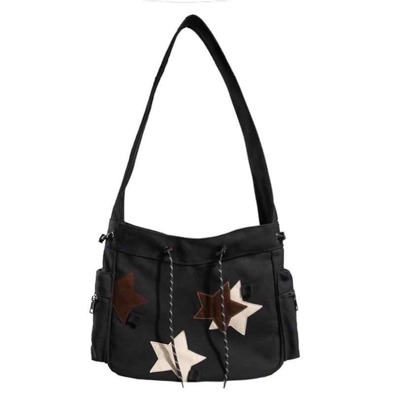 KlaOYer Cute Messenger Bag Canvas Shoulder Bag Star Crossbody Purse Y2K Tote Bag Kawaii Aesthetic Hobo Handbag for Women (Black) - Image 1