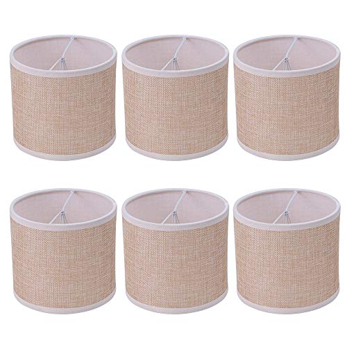 Wellmet Small Chandelier Lamp Shades Brown Set of 6, Rustic Style Linen Drum Shades for Wall Lamp, Hardback Clip on Lamp Shades for E12 Candle Bulbs, 5.5"x 5.5" x 5" - Image 1