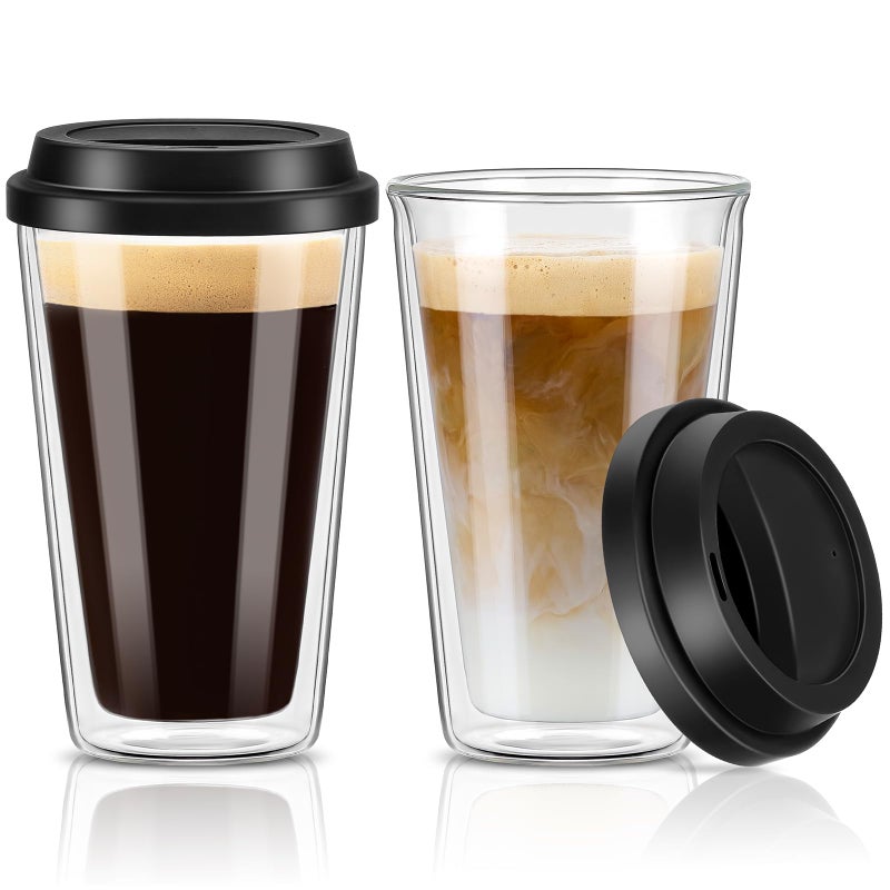 Qipecedm 2 Packs Double Walled Glass Coffee Mugs with Silicone Lids 12 OZ Reusable Glass Coffee Cups Insulated Coffee Mugs CappuccinoTeaLatteIced Coffee Cups Glass Travel Mug Heat Resistant