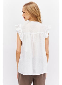 ESPRIT Women Plunging Neck Flutter Sleeves Embroidered Blouse, White  - Image 2