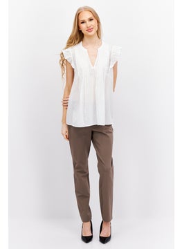 ESPRIT Women Plunging Neck Flutter Sleeves Embroidered Blouse, White  - Image 3