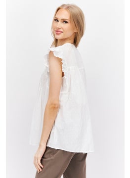 ESPRIT Women Plunging Neck Flutter Sleeves Embroidered Blouse, White  - Image 1