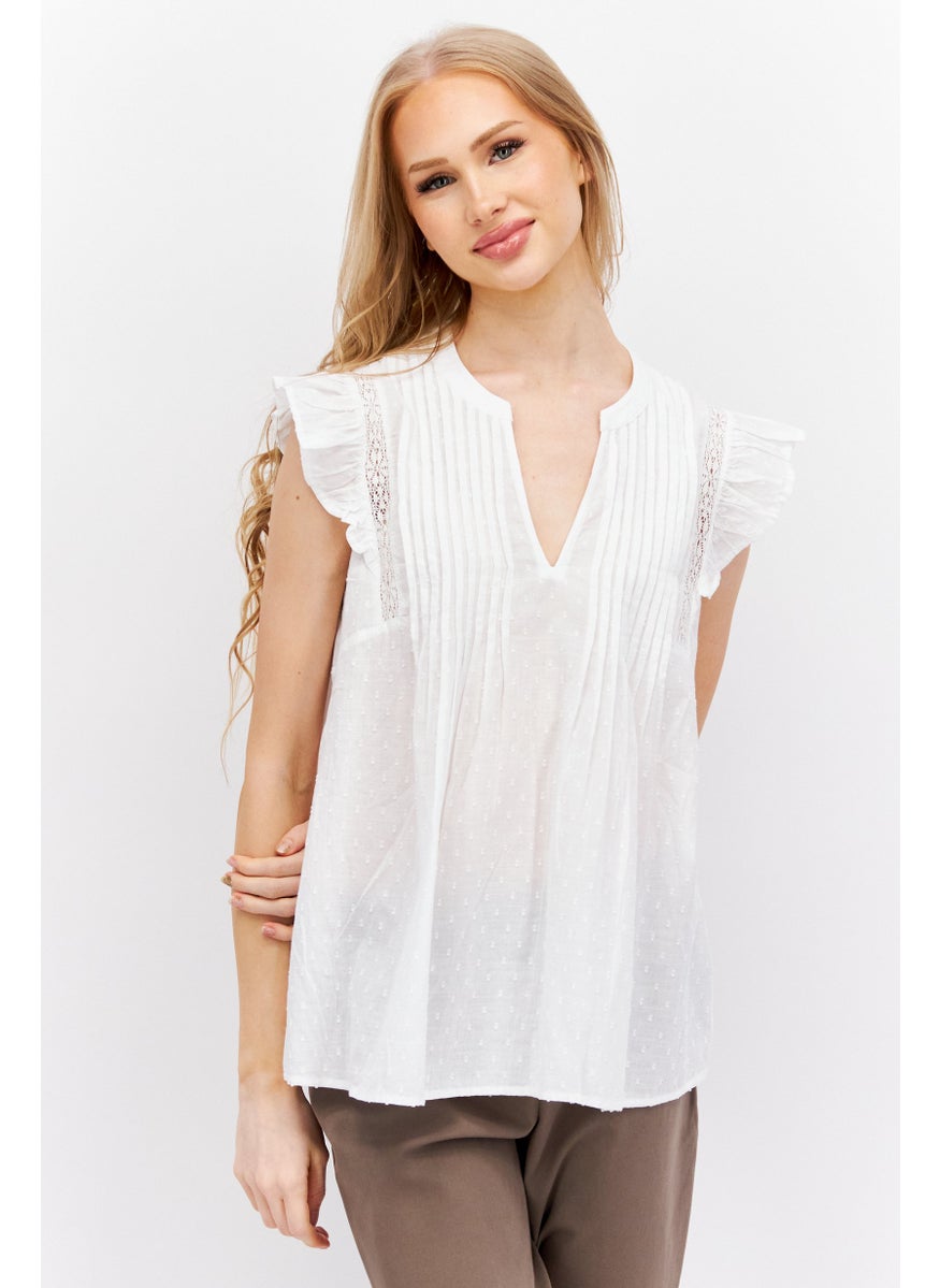 ESPRIT Women Plunging Neck Flutter Sleeves Embroidered Blouse, White  - Image 1