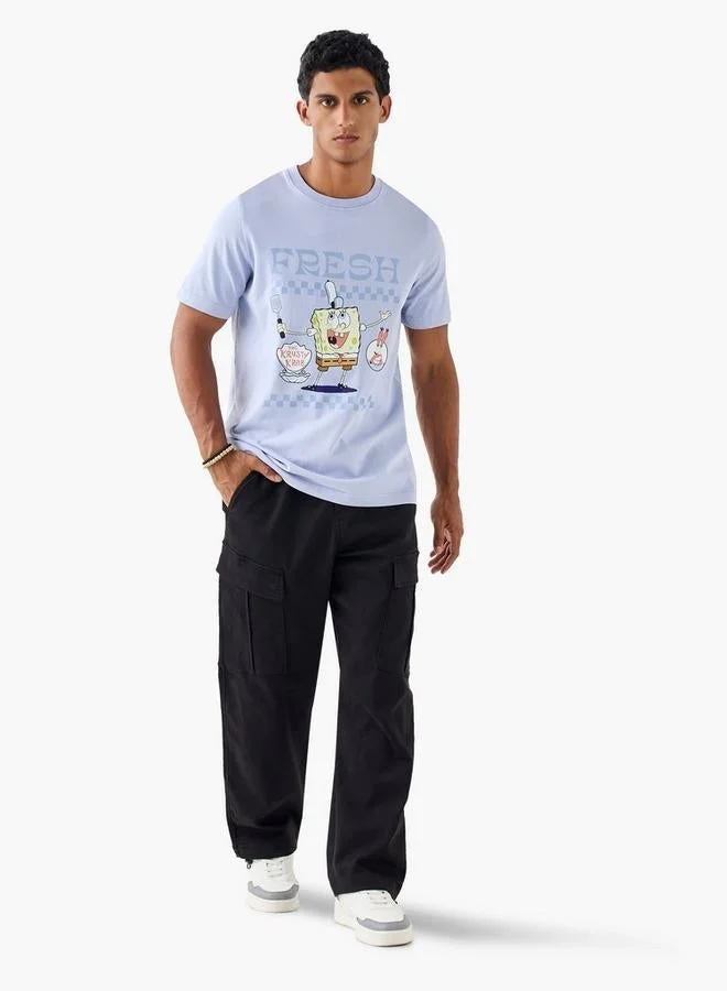 Splash FAV Spongebob Square Pants Print Crew Neck T-shirt with Short Sleeves
