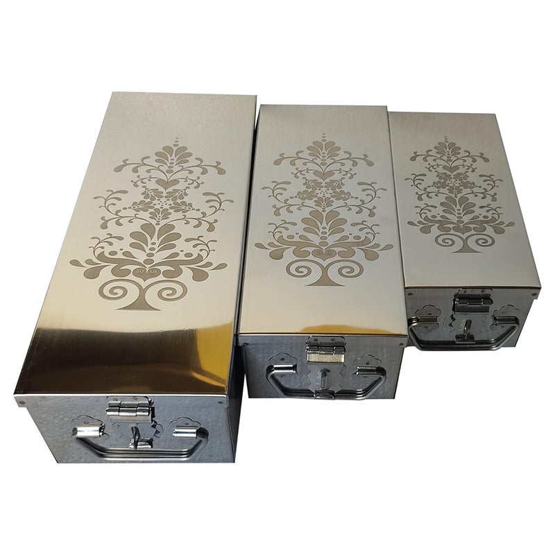 GvanyS Stainless Steel Locker Jewellery box Pooja Check book cash Organizor Ext use With Laser Printed Design MultiPack of 3 Box Size 85 Inch 105 Inch 125 Inch - Image 1