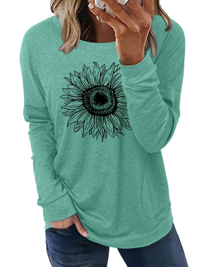 onlypuff Loose Fit Tops for Women Long Sleeve Fall Top Graphic Pocket T Shirts Ladies Blouse Teal S - Image 1