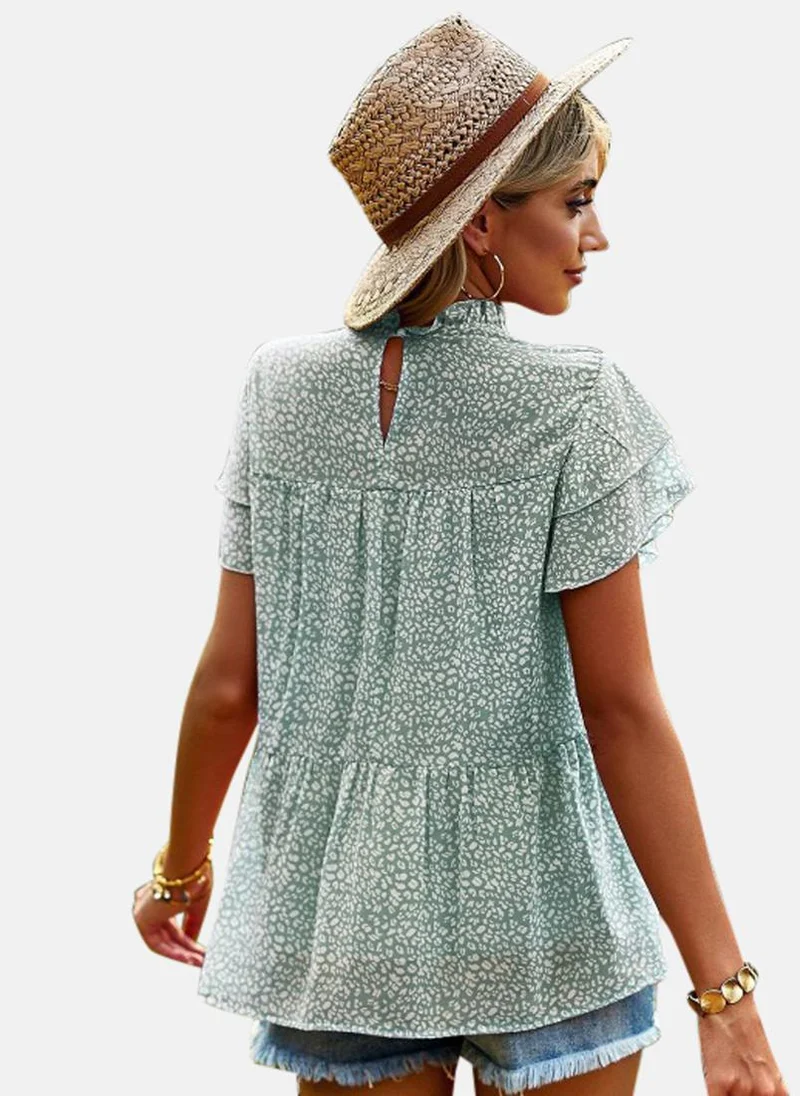 يونيكي Sea Green High Neck Printed Top