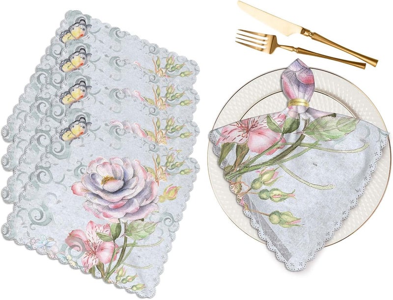 Yibeas Rose and Butterfly Cloth Table Napkins Set of 4 Vintage Color Table Decoration Dinner Napkins for Kitchen 18 x 18 inch - Image 1
