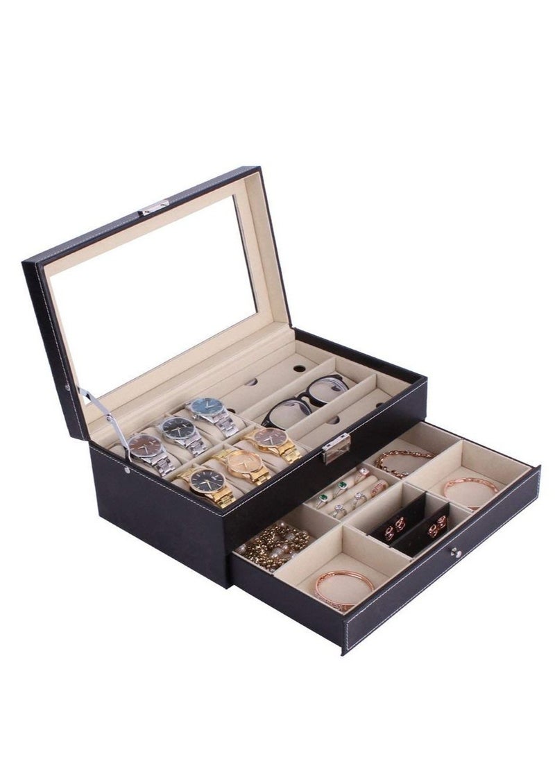 DARIYAH Leather Watch Sunglass Box Glasses Case and Jewelry Display Drawer Lockable Organizer - Image 1