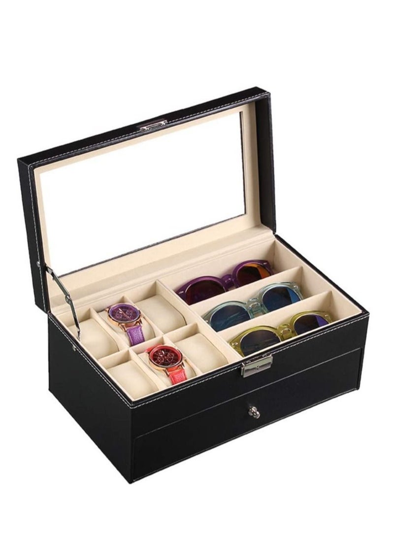 DARIYAH Leather Watch Sunglass Box Glasses Case and Jewelry Display Drawer Lockable Organizer - Image 5