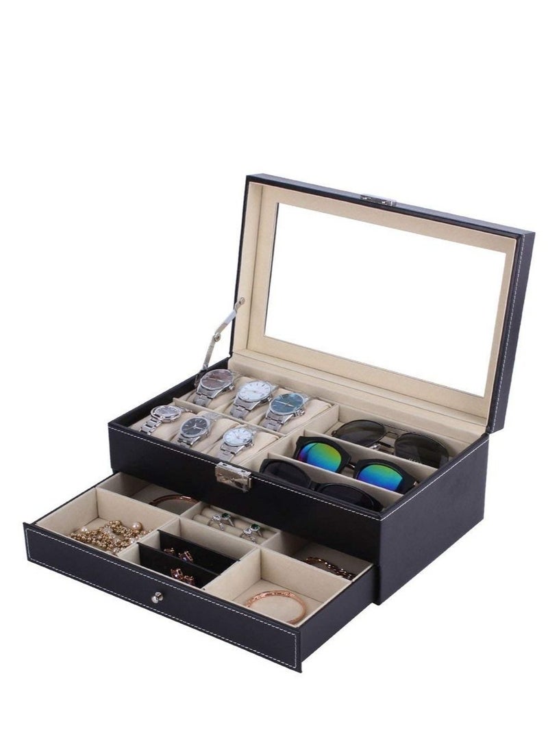 DARIYAH Leather Watch Sunglass Box Glasses Case and Jewelry Display Drawer Lockable Organizer - Image 3