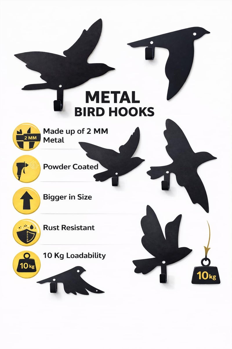 Colornest Bird Wall Art Hooks – Set of 6 Metal Decorative Bird Hooks for Wall, Key Holder & Clothes Hanger – Laser Cut, Powder Coated, Heavy Duty, Rustic Home Decor for Living Room & Entryway - Image 2