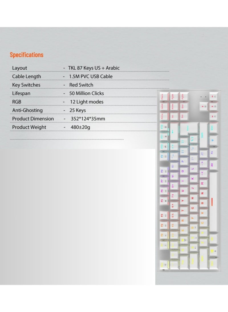 porodo Gaming TKL Mechanical Keyboard with 87 English + Arabic Keys, Smooth Clicks Red Switch, 12 Light Modes RGB, 50 Million Clicks Lifespan, 25 Keys Anti-Ghosting, 1.5m PVC USB Cable - White  - Image 4