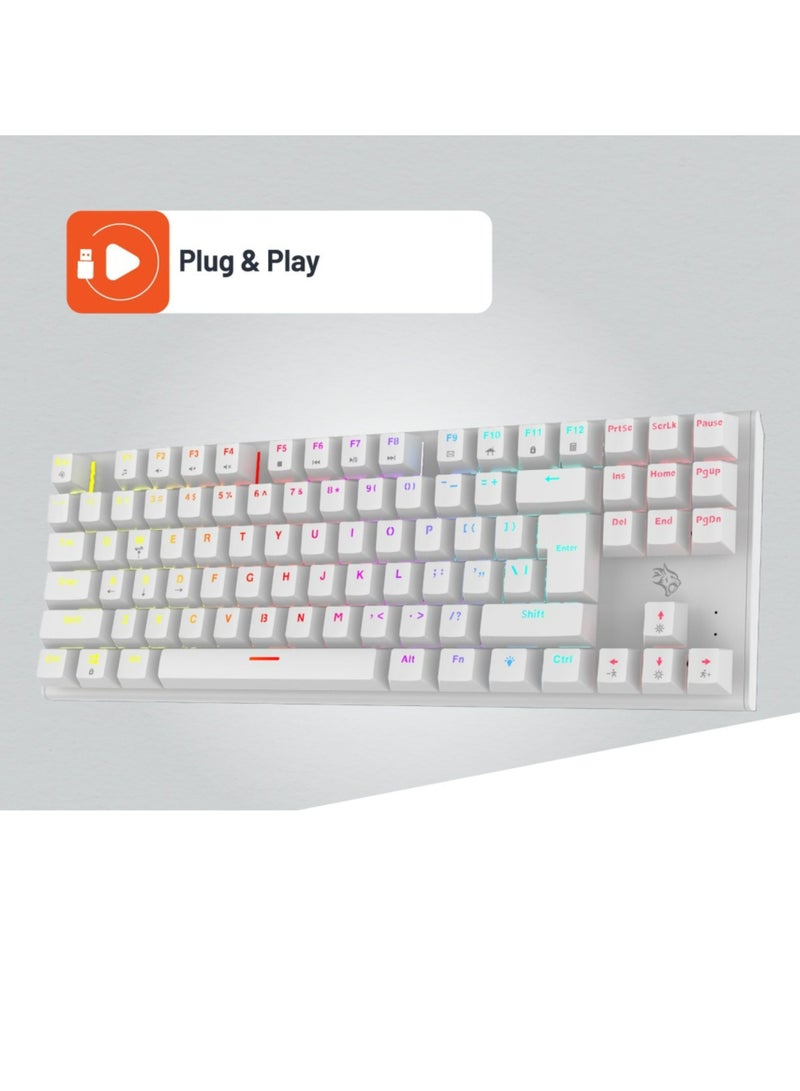 porodo Gaming TKL Mechanical Keyboard with 87 English + Arabic Keys, Smooth Clicks Red Switch, 12 Light Modes RGB, 50 Million Clicks Lifespan, 25 Keys Anti-Ghosting, 1.5m PVC USB Cable - White  - Image 3