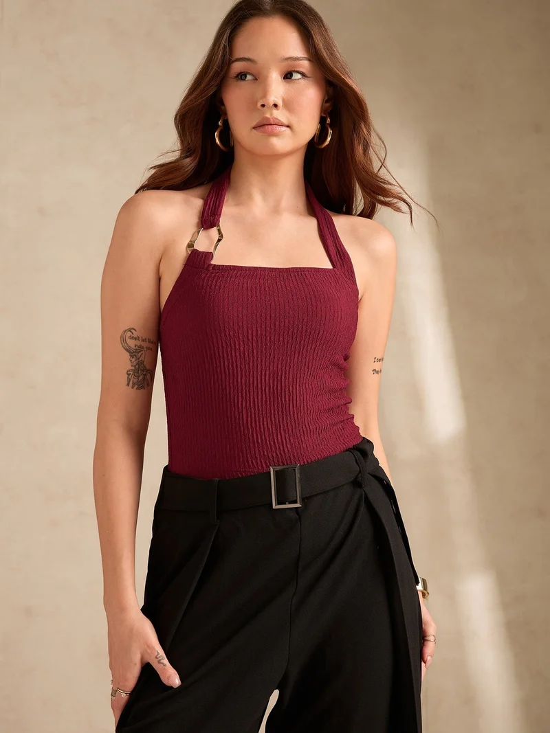 Outzidr  Maroon Halter Neck Tank With Metal Trim Detailing for Women | Best Price UAE
