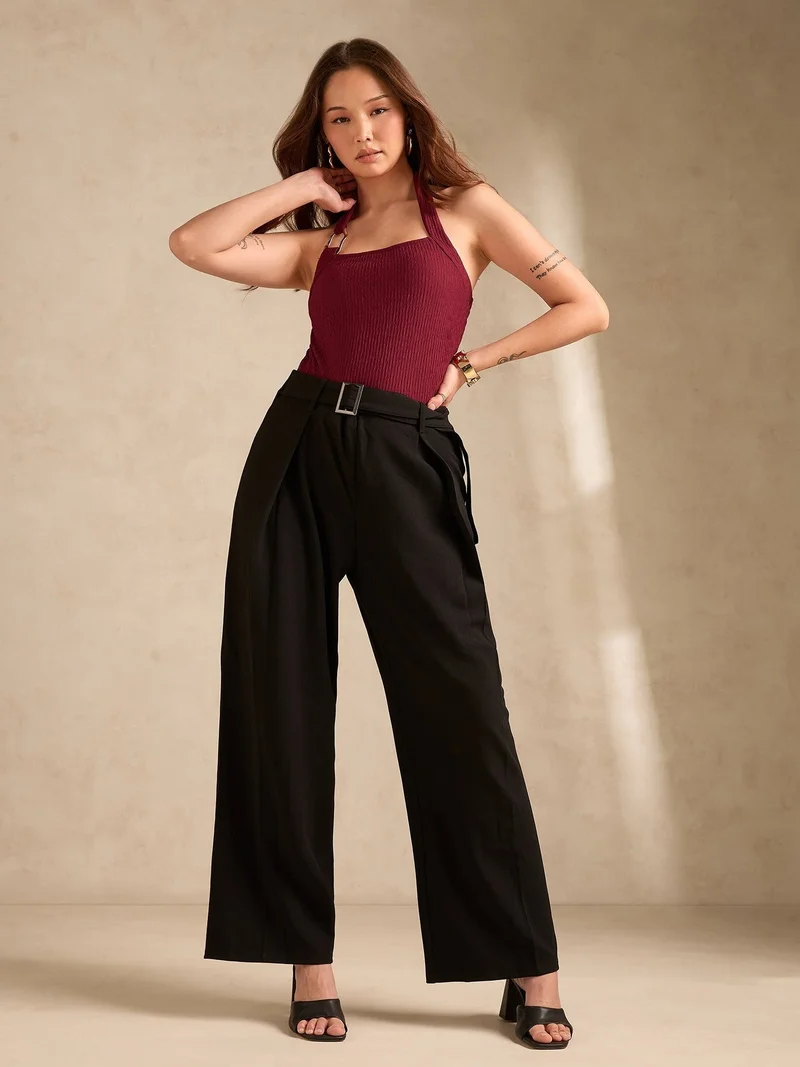 Outzidr  Maroon Halter Neck Tank With Metal Trim Detailing for Women | Best Price UAE