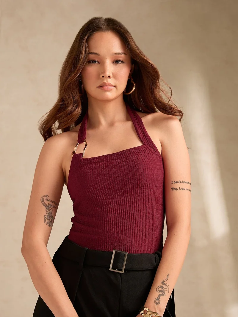 Outzidr  Maroon Halter Neck Tank With Metal Trim Detailing for Women | Best Price UAE