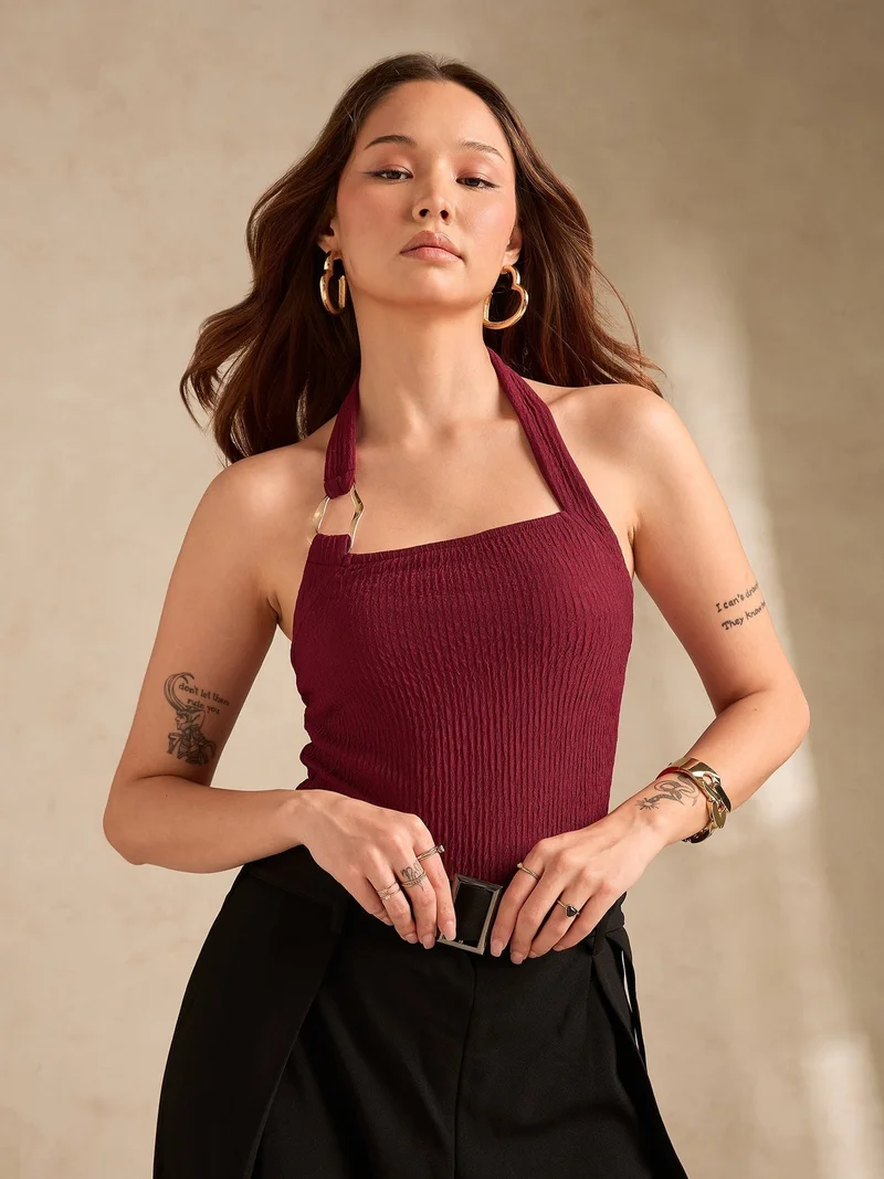 Outzidr  Maroon Halter Neck Tank With Metal Trim Detailing for Women | Best Price UAE