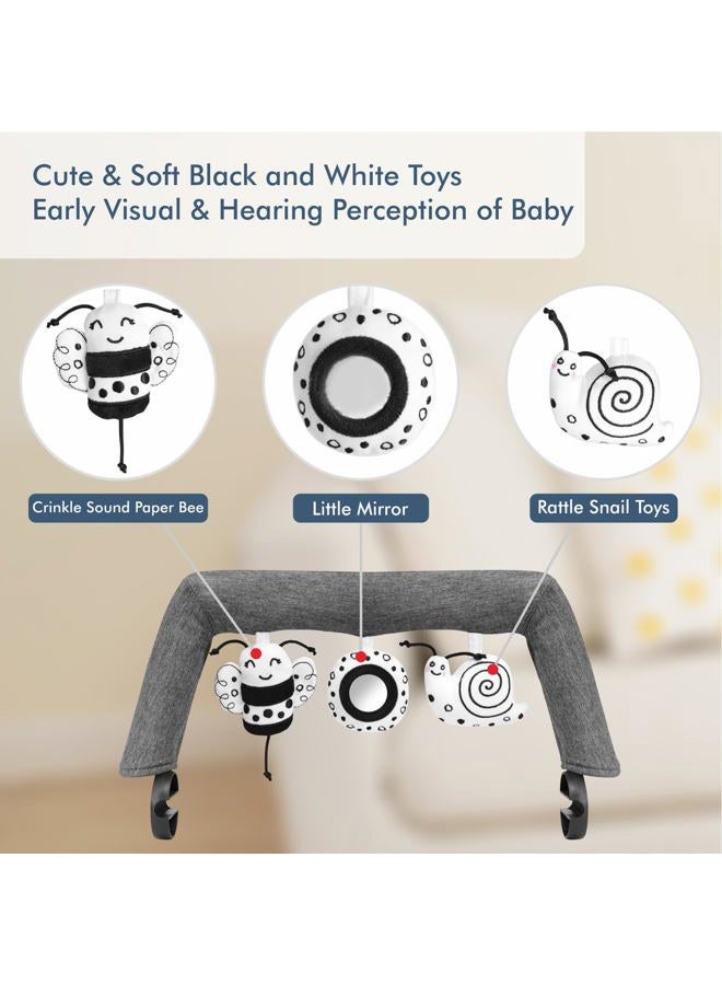 iGRATENS Baby Bouncer Toy Bar, Toy Bar for Baby Bouncer with 3 Sensory Toys, Easy to Attach and Remove, Skin-friendly, Machine Washable, Black and White, Soft - Image 3