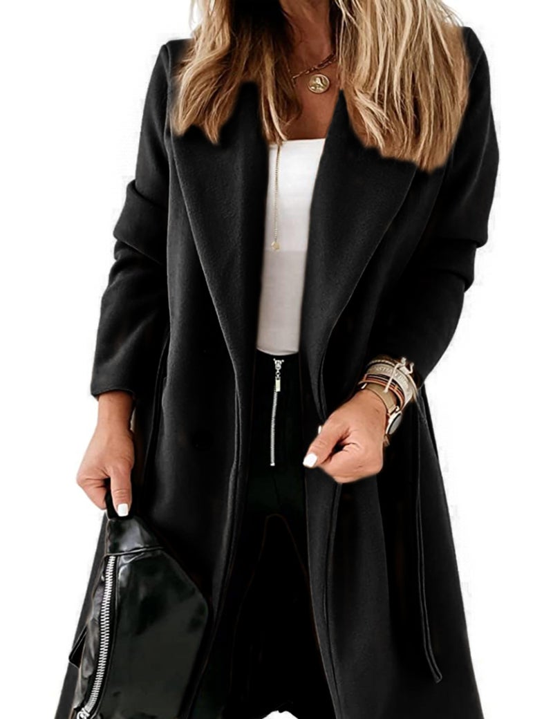 Springrain Womens Winter Wool Pea Coat Warm Notched Collar Double Breasted Belted Coat Long Jacket OuterwearBlackL