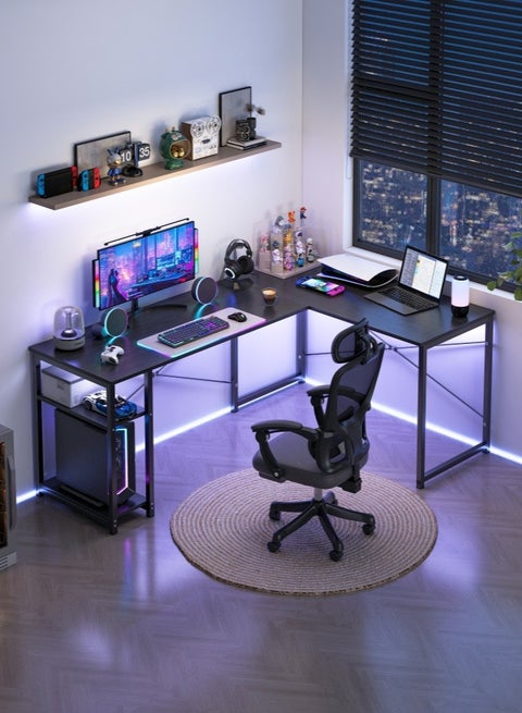 White L-Shaped Gaming Table Computer Desk with Corner Stand - Reversible Study Desk Home Office Workstation Black