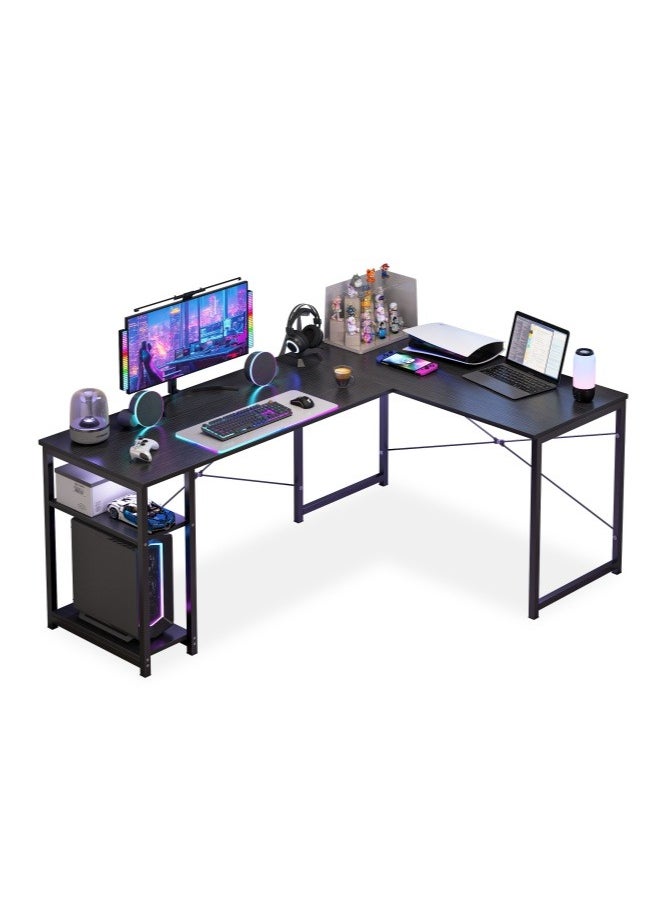 Shofenkei White L-Shaped Gaming Table Computer Desk with Corner Stand - Reversible Study Desk Home Office Workstation Black  - Image 2