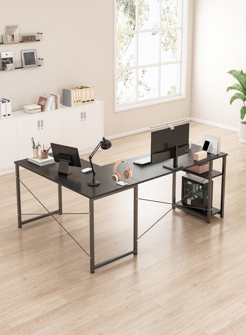 White L-Shaped Gaming Table Computer Desk with Corner Stand - Reversible Study Desk Home Office Workstation Black