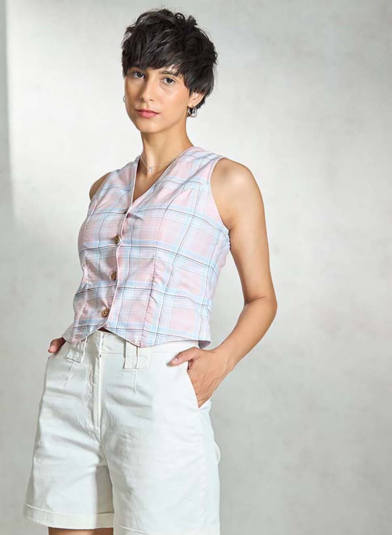 Virgio VIRGIO 100% Cotton Pink-Blue Check Sleeveless Vest  - Image 2