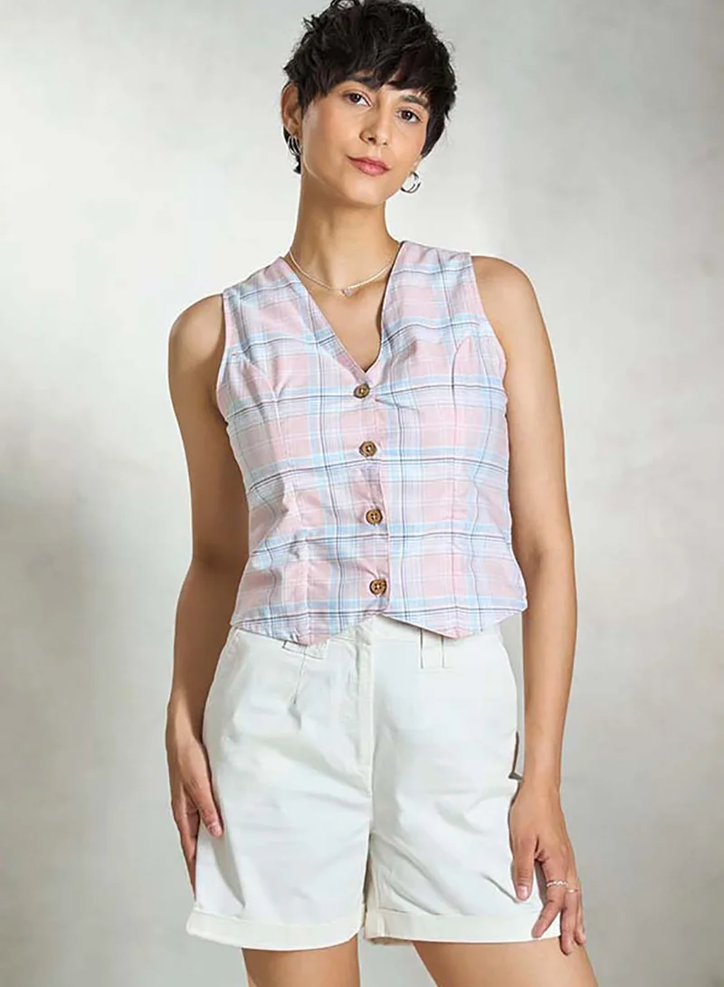 Virgio VIRGIO 100% Cotton Pink-Blue Check Sleeveless Vest