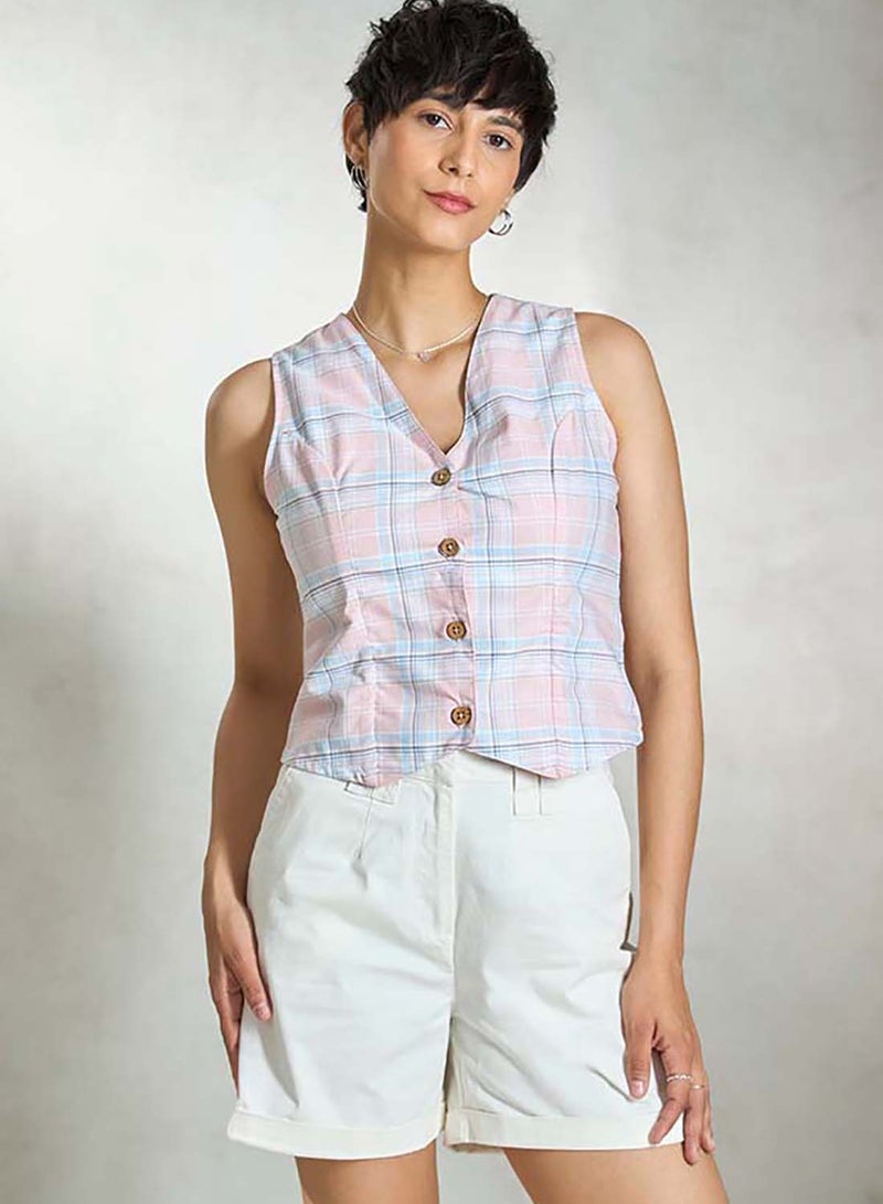 Virgio VIRGIO 100% Cotton Pink-Blue Check Sleeveless Vest  - Image 1