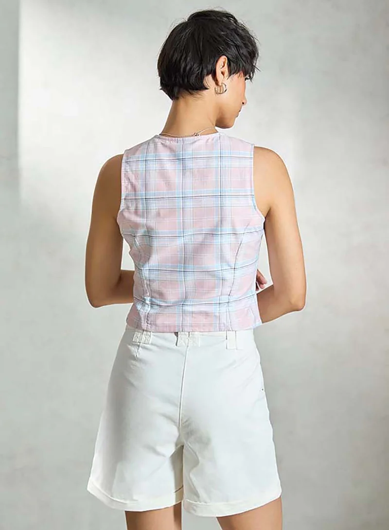 Virgio VIRGIO 100% Cotton Pink-Blue Check Sleeveless Vest